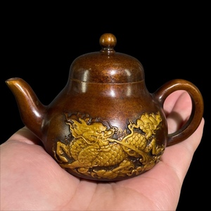 古玩收藏复古火麒麟纯铜素面茶壶摆件手把壶茶壶酒壶水壶铜器摆件