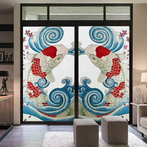 定制磨砂静电玻璃贴纸日式料理店推拉移门透光不透明玻璃贴膜鲤鱼