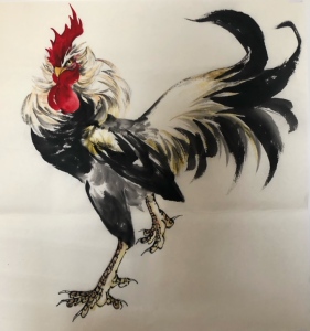 纯手绘国画作品精品水墨国画公鸡三尺对开49*49斗方国画鸡