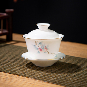 羊脂玉小容量寿桃陶瓷盖碗家用女士可爱三才带盖泡茶碗不烫手茶盏