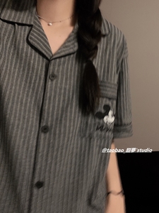 韩国高级感条纹睡衣男女夏季卡通米奇纯棉短袖短裤家居服情侣套装