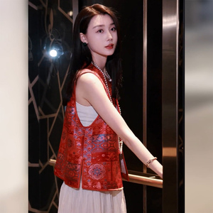 新中式国风宋锦上衣唐装小个子红色背心马甲外套女款2024夏季新款