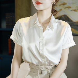 重磅真丝衬衫白色女短袖气质职场缎面真丝衬衫2022新款职业衬衣
