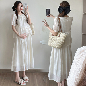 Angel妈咪~2024孕妇夏装新款时尚设计感假两件短袖宽松孕妇连衣裙