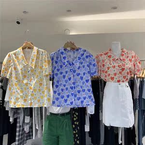 帛然boran 夏小清新花色复古短袖衬衫女新款韩版小众百搭显瘦上衣
