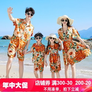 亲子装一家三四口三亚旅游度假海边沙滩短袖衬衫套装母女装连衣裙