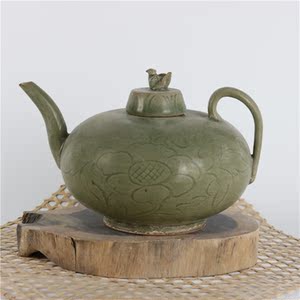 宋代耀州窑雕花纯手工茶壶 古玩古董仿古做旧瓷器旧货收藏摆件