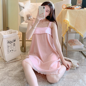 夏季睡裙少女高级感冰丝薄款纯色凉感套头无袖性感甜美吊带家居服