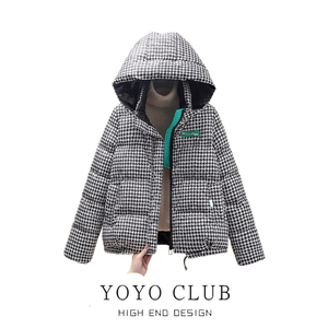YOYO CLUB品牌折扣千鸟格连帽羽绒棉服女冬季新款时尚气质外套潮