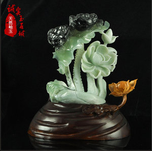 岫色 天然玉石玉雕摆件 客厅招财岫玉摆件荷花金蟾开业送礼f323