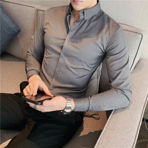 正装长袖衬衫男士质感灰色加厚加绒衬衣帅气韩版修身商务打底寸衣