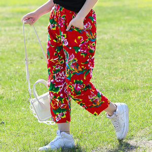 2022大花布裤子 直筒休闲裤女夏款 潮流薄款九分裤长裤东北花裤子