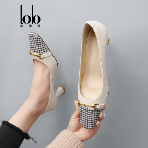 欧罗巴小香风单鞋2022年春新款真皮女鞋通勤细跟方头千鸟格高跟鞋