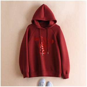 高端欧货酒红色太空棉卫衣女连帽2020年新款秋冬宽松亮片刺绣上衣