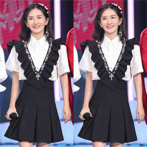 快乐大本营谢娜同款黑色v领荷叶边镶钻连衣裙女设计感气质裙子秋