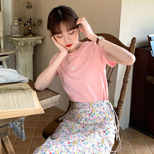 元气少女蜜桃粉t恤女清新宽松休闲纯棉打底衫夏季橘粉色短袖上衣
