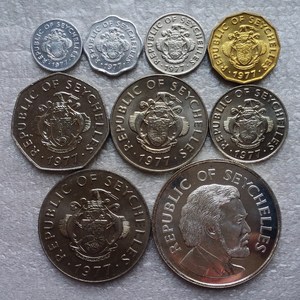 塞舌尔1977年版1.5.10.25.50分1.5.10卢比硬币25卢比银币8枚套币