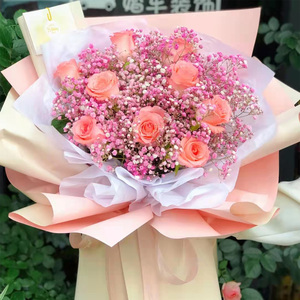11朵粉红玫瑰搭配粉色满天星花束 情人节花束 粉红人生花束