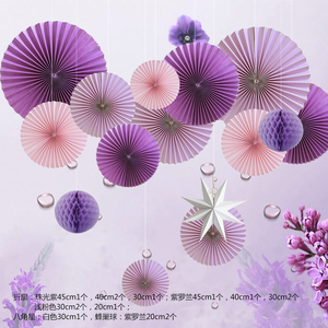 七夕商场橱窗走廊女装美陈列吊顶挂件纸扇花装饰布置紫色系列道具