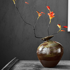 复古中式日式禅意斜口大肚瓷器小号粗陶土罐花瓶茶台桌面软装饰品