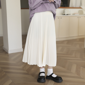 艺野系 华夫格百褶裙女奶白色高腰a字显瘦半身裙小个子通勤裙子