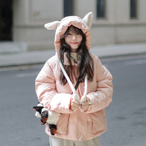艺野系兔耳朵可爱软妹小个子短款棉服女2021冬韩版蓬蓬面包服外套