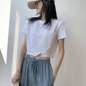 纯色圆领高腰短袖t恤女短款夏季修身韩版露脐开叉上衣小个子棉质