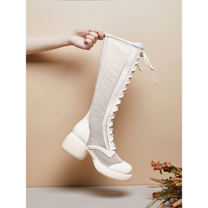 白色镂空长靴女夏24新款高跟系带凉靴透气高筒马丁靴粗跟网纱靴子