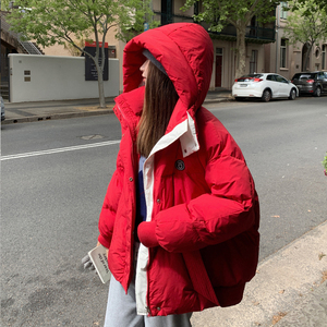 红色短款连帽设计感贴标羽绒服女冬季2023新款本命年90白鸭绒外套
