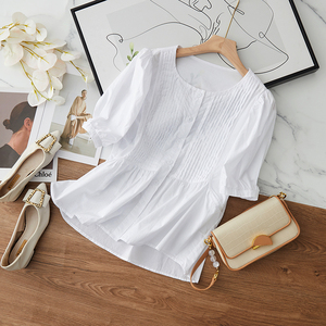 100%舒适透气全棉出口欧美外贸原单 OL复古优雅白色短袖衬衣衬衫