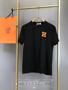 hermes/爱马仕 22夏季新款男士休闲圆领半袖字母logo拼皮短袖t恤