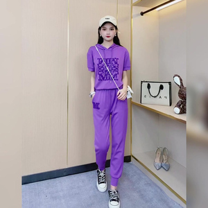 春季新款紫色香风运动修闲套装重工刺绣连帽短袖卫衣卫裤两件套女