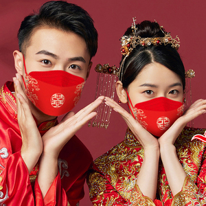 kn95结婚喜字口罩喜庆婚礼新娘红色一次性柳叶型鱼嘴型婚庆3d立体