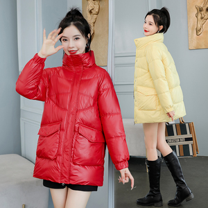 免洗亮面羽绒棉服女中长款2022冬季新款韩版修身棉衣加厚棉袄外套