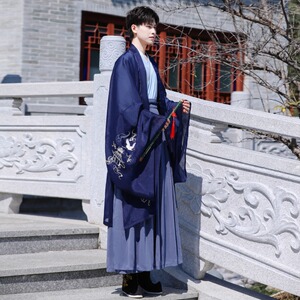 中国风原创汉服男款夏季古风深蓝色交领大氅刺绣仙鹤云纹三件套装