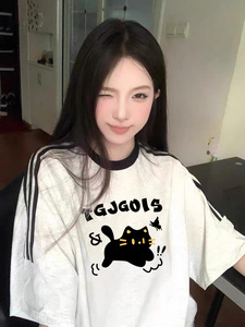 猫咪纯棉短袖t恤女夏季2024新款设计感小众宽松三杠体恤上衣服装