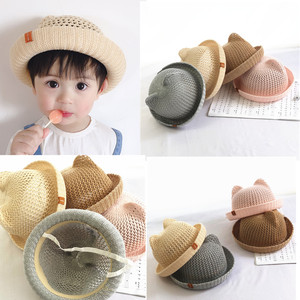 韩版儿童手工棉线草帽男女婴儿夏季网眼遮阳渔夫帽潮太阳沙滩凉帽