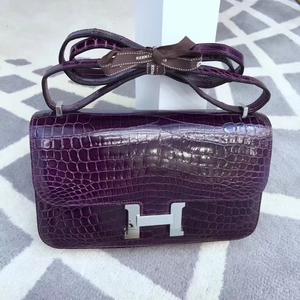 二手正品搁置品爱马仕hermes constance康康26紫水晶鳄鱼单肩包