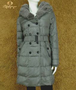 雅梵娜2014女时尚中长款兔毛领连帽羽绒服80885