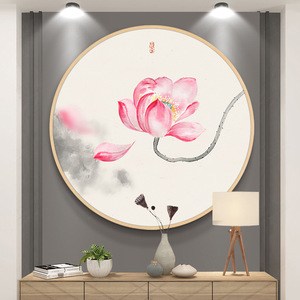 新中式纯手绘油画客厅玄关荷花圆形国风莲花茶室禅意装饰画挂画