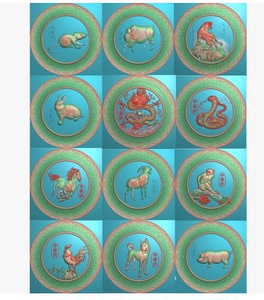 圆形12玉雕挂件牌子圆盘 精雕图电脑雕刻jdp十二生肖 浮雕 石雕图