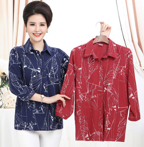 新款中老年女夏装七分袖衬衫 妈妈装棉麻中袖衬衣大码t恤中年上衣