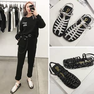 网红阿希哥vc同款凉鞋真皮编织镂空罗马单鞋女细带平底沙滩鞋百搭