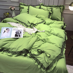 韩式简约风纯色学生四件套草木绿被套床单床笠宿舍床上用品三件套