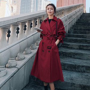 韩国高端气质大码红色风衣女2024秋季新款小个子中长款英伦风外套