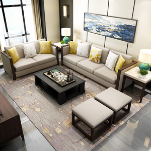 新中式沙发组合 酒店客厅水曲柳实木沙发简约布艺仿古家具定制
