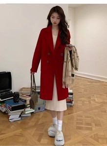 红色双面羊绒大衣女中长款2023秋冬新款韩版宽松加厚高级感毛呢外