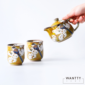 现货 日本制九谷烧日式陶瓷黄色樱花雀鸟功夫茶壶对杯茶杯子礼盒