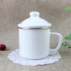 搪瓷纯白怀旧介杯办公带盖杯 随手茶杯 搪瓷茶缸白色洋瓷水杯包邮