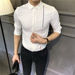 韩国免烫新款男士短袖衬衫七分袖修身韩版英伦男潮流中袖衬衣原创